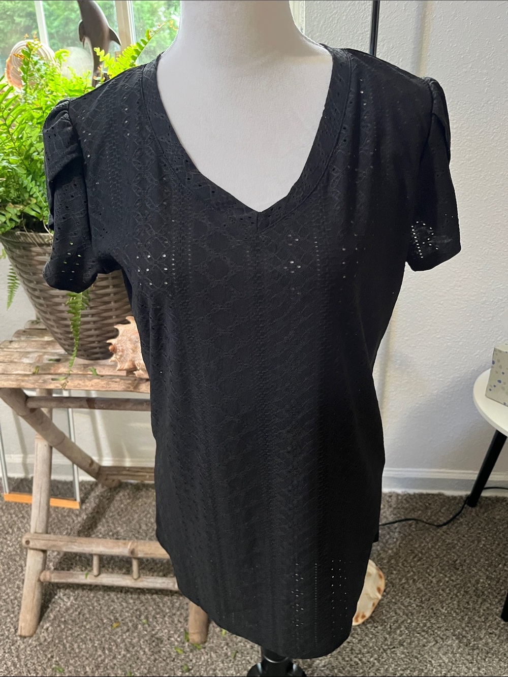 Black Eyelet V-Neck Short Sleeve Top